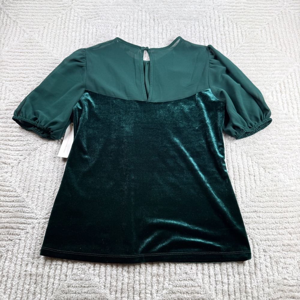 ModCloth Velvet Mixed Media Top Women's Small Green Puff Sleeve Holiday Romantic - Picture 2 of 10